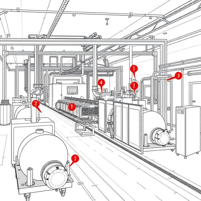 Eine technische Zeichnung einer Produktionsanlage mit markierten Montagepunkten
