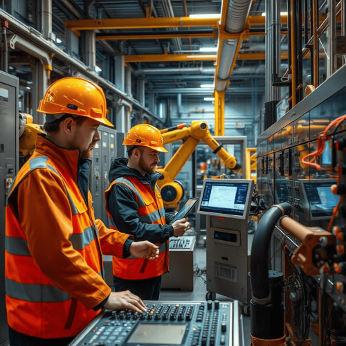 Experten für Industriemontage, SPS-Programmierung und Inbetriebnahme – Hochqualifizierte Fachkräfte arbeiten an Steuerungssystemen und automatisierten Maschinen in einer modernen Industrieumgebung.