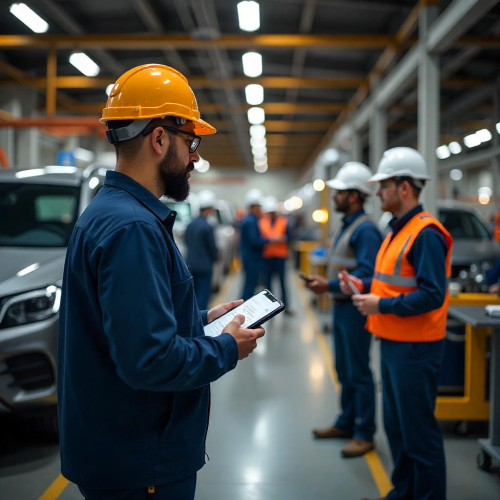 Skalierbare Personallösungen für Industrie und Automotive – Fachkräfte in einer modernen Produktionsstätte arbeiten an der Expansion, Standortaufbau und der Inbetriebnahme neuer Systeme.