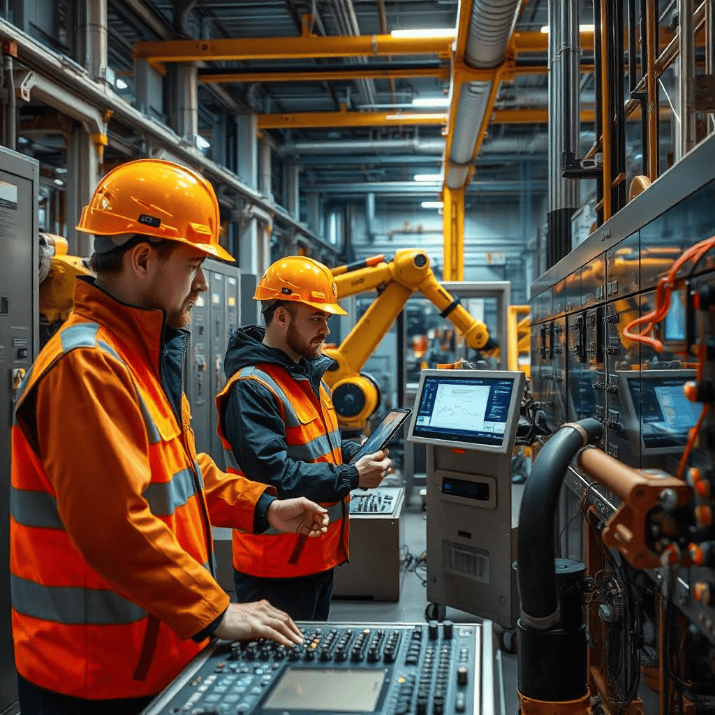 Experten für Industriemontage, SPS-Programmierung und Inbetriebnahme – Hochqualifizierte Fachkräfte arbeiten an Steuerungssystemen und automatisierten Maschinen in einer modernen Industrieumgebung.